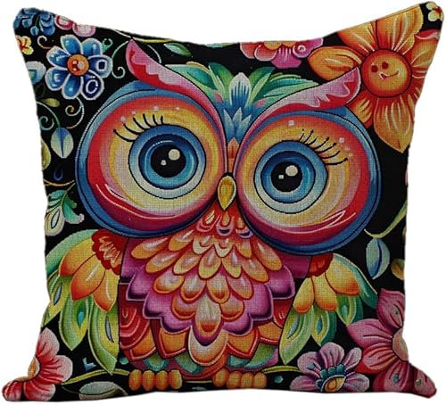 AxiangziK Stickset,Kissenbezug,Kreuzstich Kissen,Bunte Eule mit Blumen, Stickkissen mit Muster Stickset Kreuzstich Kissen zum Basteln Stickkissen Stickpackung,45x45cm