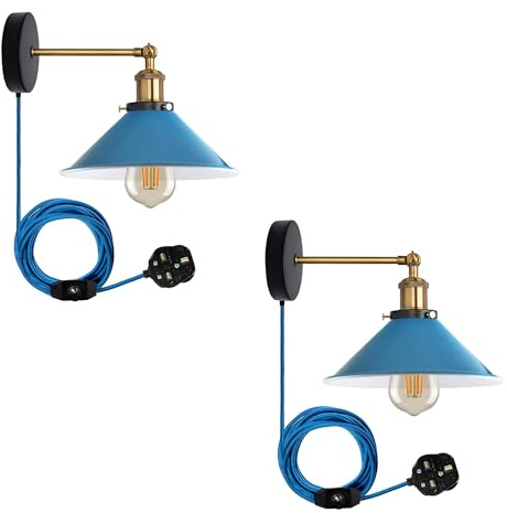 LEDSone 2 Pack of Retro Industrial Wall Light Plug-in Wall Lamp Metal Cone Shape Shade Indoor Light Fitting with Dimmer Switch for Bedroom Hallway Restaurants (Blue 2 Pack, with Bulb)