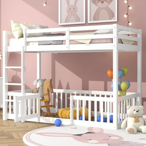 Jtyca Bunk Beds for kids, Wooden Cabin Bed Frame with Ladder, Toddler Bed with Fences and Door, 3FT Single Bed with Fall Protection and Railings, Solid Wood, White-90x190cm, (Without Mattress)
