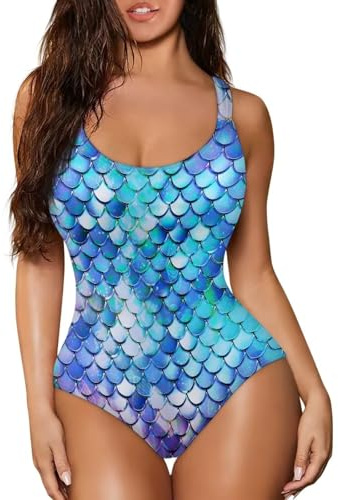 Jekioweii Mermaid Scales Women's One Piece Swimsuit Scoop Neck Bathing Suit Athletic High Cut Padded Slimming Swimwear Gymnastics Dance Leotard Bodysuit