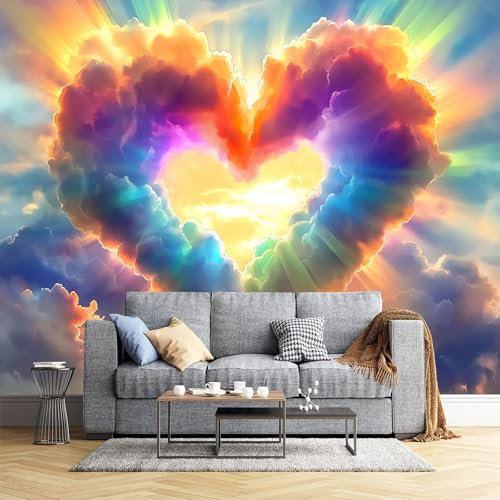 Herzförmige Wolken Fototapete - Traumhafte Landschaft - Größe 260X175Cm (Breite X Höhe) Wandtapete Tapete, Wandbild Wandtattoo Dekoration - Tapete, Kinderzimmer, Kindertapete