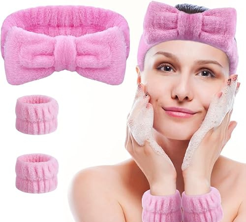 3 Stück Rosa Makeup Haarband, Elastisches Gesicht Handgelenk Waschband