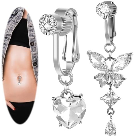 Ymapinc 2 Stück Fake Bauchnabelpiercing Silber mit Schmetterlings Anhänger Strass Bauchnabelpiercing Clip – Kein Piercing Erforderlich – für Alle Frauen Geeignet