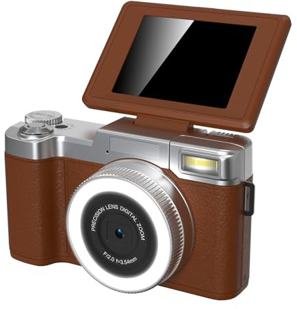 Cámara Digital 4K, Cámara sin Espejo de Zoom Digital de 48MP 18 MP con Pantalla de Voltaje de 180 °, Pequeña Cámara de Video Compacta para Viajar (Brown)