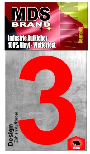 MDS Brand Design 20cm Zahlen Aufkleber | Selbstklebende Hausnummern zum aufkleben | Klebezahlen für Mülltonne, Briefkasten, Hausnummer & Auto | Optimal für Außen & Innen (Rot, 3)