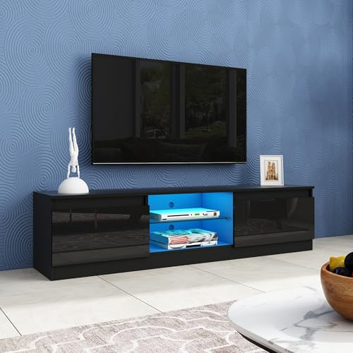 TV Schrank Lowboard mit LED Beleuchtung, Hochglanz Fernsehschrank für Fernseher bis zu 65 Zoll, Fernsehtisch mit 2 Türen, TV Board mit 2 Regalen für Wohnzimmer & Schlafzimmer 160x35x40 cm (Schwarz)