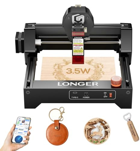 LONGER RAY5 Mini 3.5W Laser Gravurmaschine Schneider 12000mm min Schnittgeschwindigkeit für Holz, Acryl, Leder DIY Gravur 140x130mm Gravurbereich WiFi Notaus Sicherheit