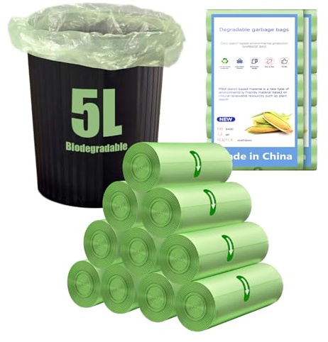 YOMKILU 200 Pièces Sac Poubelle Biodégradables 5L, 10 Rollen 40x45cm Sacs Poubelle, 1.2 Gal Ultra Résistant Trash Bag pour Cuisine, Maison, Bureau, Vert