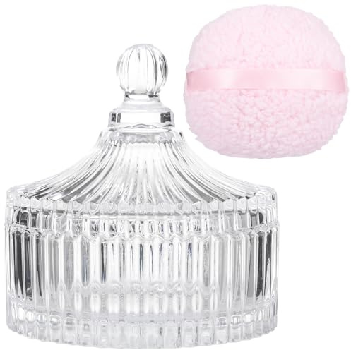 Lot de pots à poudre en verre avec couvercles, 2 récipients décoratifs en ambre et grandes houppettes pour adultes, idéal pour la coiffeuse et les salles de bain