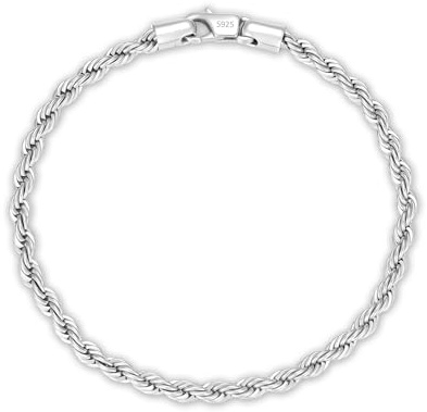 Diorra Silver Bracelets for Mens Women, 925 Sterling Silver 4mm Diamond-Cut Braided Rope Chain Bracelet for Men Women (7/7.5/8.3/9 Inches)