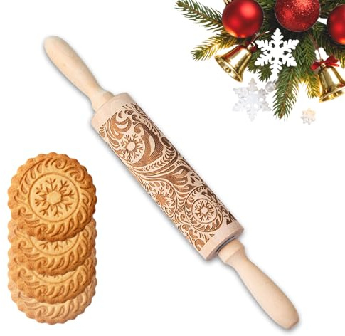 YIHAOH Weihnachts Nudelholz mit Mustern, Nudelholz Holz mit Geprägten Motiven, Wellholz mit Muster Schneeflockenmuster, Geeignet zum Backen von Gebäck, Kuchen, Keksen, Süßigkeiten
