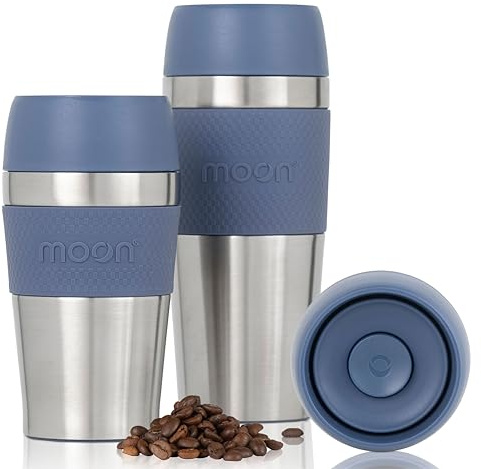 Moon 360° Travel Mugs - Leakproof Reusable Coffee Cup for Hot Drinks - Insulated Stainless Steel Thermal Mug, Fits Car Cup Holders (300ml, Recycled Metal/Blue)