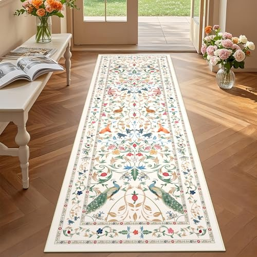 TUKDAK Teppich Läufer Flur rutschfest 60x180cm, Beige Waschbar Tiere Teppichläufer Flur, Boho Wald Küchenläufer, Kurzflor Küchenteppich, Flurteppich Läufer Lang Wohnzimmer Schlafzimmer Korridor