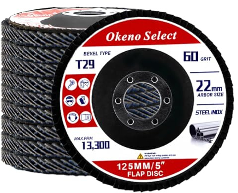 Okeno Select 10 Stück Fächerscheibe 60 Korn 125, Fächerscheiben 125mm, Fächerschleifscheibe, T29 Schneiden Schleifscheiben, Lamellenscheiben, Fächerscheibe für Metall Holz Stahl Schnelles Präzises
