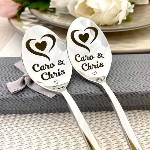 2 personalisierte Löffel mit Gravur – Hochzeitsgeschenk & Geschenk zum Jahrestag für Paare – Namen, Datum oder Wunschtext – Edelstahl – Geschenkbox