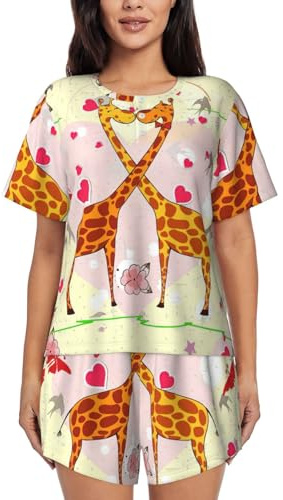 ASFgda Conjunto de pijama para mujer, diseño de jirafa, corazón, flor, mariposa, camiseta de manga corta, pantalones cortos y cuello redondo, conjunto de descanso con bolsillos, Negro, S