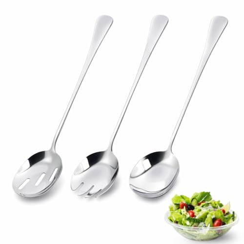 CDQZAIKEJI 3 PCS 28 cm Salatbesteckset Edelstahl, Salat Besteck Set Salatbesteck Servierbesteck Mit Salat Löffel Und Gabel Lange Griffe Für Küche Buffet Restaurant