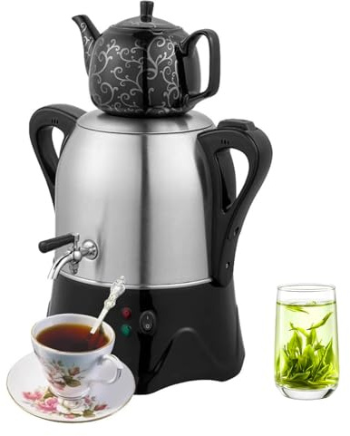 Turkisk Temaskin, 2000W Elektrisk Samovar med Varmhållningsfunktion och Automatisk Avstängning, 3L Tekanna i Rostfritt Stål och 1L Keramisk Tekanna för Kaffe och Smaksatt Te black