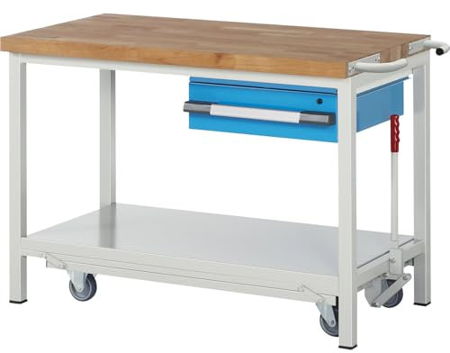 eurokraft | Fahr- und absenkbare Werkbank | Gestellbauweise Serie 8000 | 1 Hängeschublade | Ablageboden | BxT 1250 x 700 mm