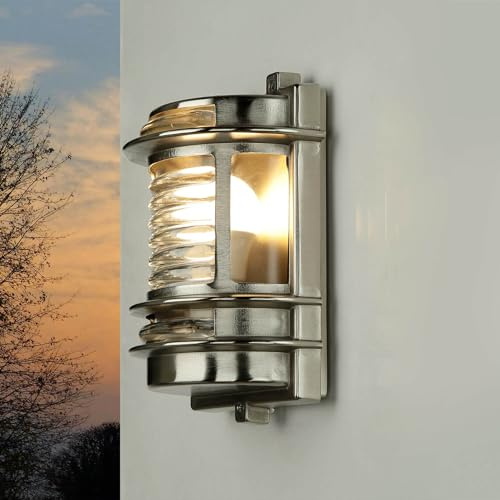 Licht-Erlebnisse Wandlampe Außen Glas Messing in Nickel IP64 Haus Eingang T:17 cm E27 Rustikal Maritim wetterfeste Outdoor Wandleuchte Garten GRACIA