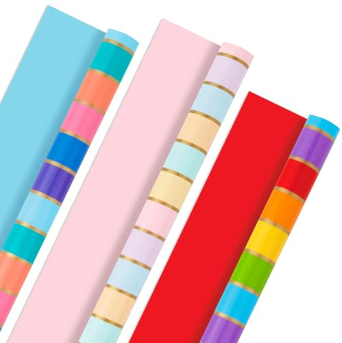Hallmark Regenbogen-Geschenkpapierrollen für Abschlussfeier, Geburtstag, Hochzeit, alle Anlässe – bunt gestreiftes Geschenkpapier (Set mit 3 wendbaren Rollen: 75 m² ttl.)