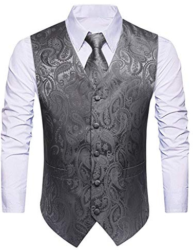HISDERN Herren-Weste, Paisleymuster, Jacquard, Krawatte, Einstecktuch, Taschentuch, Hochzeit, Party, Business, Passform, Weste, Anzug-Set, XS-6XL