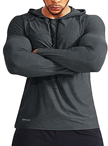 Men's Bodybuilding Long-Sleeve Hoodie Running Sweatshirts Dry Fit Performance Stretchy Polyester and Spandex Color Dark Grey Size L