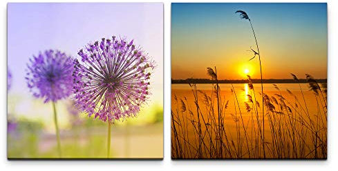 Paul Sinus Art Wandbild 2x60x60cm Pusteblume Violett See Sonnenuntergang Romantisch Landschaft Horizont