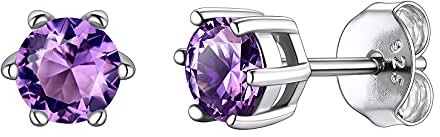 Suplight Pendientes Plata de Ley 925 para Mujer Piedras Natales Amatista Morado Febrero Pendiente Mujeres Piedra Redondos Pequeños de Circón Joyerías Delicadas Regalos para cumpleaños
