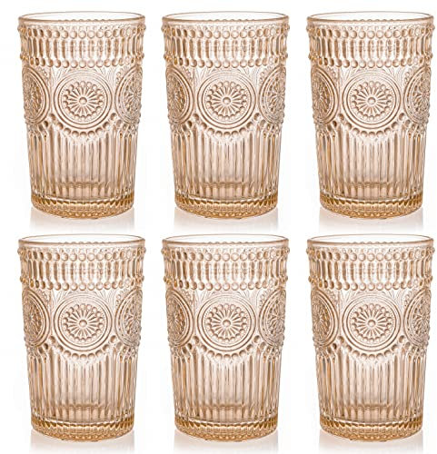 Kingrol Paquete de 6 vasos de colores de 12 onzas, juego de cristalería premium para agua, jugo, bebidas, cóctel, diseño romántico en relieve, para bodas, uso diario