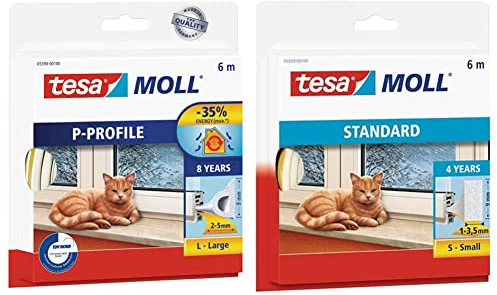 tesamoll P-Profil Gummidichtung - Dichtung zum Isolieren von Spalten an Fenstern und Türen - Weiß - 6 m x 9 mm x 5,5 mm & moll STANDARD I-Profil - Schaumstoffdichtung - Weiß - 6 m x 9 mm x 4 mm