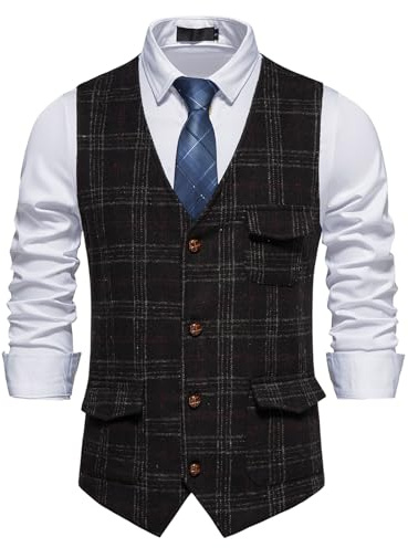 MakingDa Herren Karierte Weste, formell, ärmellos, V-Ausschnitt, kariert, Tweed, Business-Weste, Freizeitkleid, Anzugweste mit Tasche