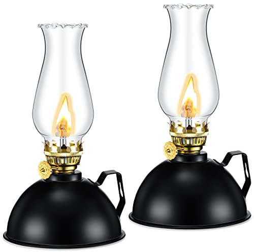 Retisee Oil Lamp Indoor Rustic Kerosene Lamp Lantern Metal Glass for Indoor Vintage Glass Clear Kerosene with Oil Wick for Use Home Decor Lighting(2 Pieces,Black)
