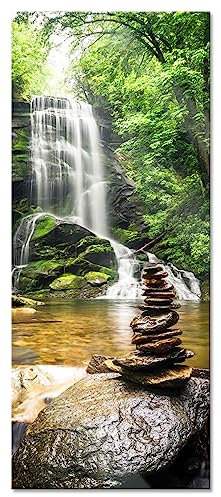 Pixxprint Glasbild Panorama, Wandbild aus Echtglas, Zen Steine vor Wasserfall, 100x40 cm, inkl. Aufhängung und Abstandshalter