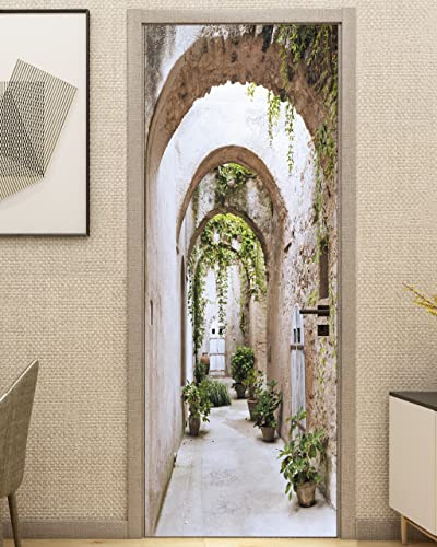 FLFK Door Mural Sticker - Arch-Shaped Corridor,Peel and Stick,Combined Size 32x80,Split into 2 Pieces
