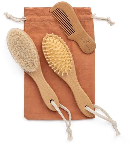 Natürliches Babyhaarbürsten-Set, Holzbürsten und Kamm mit Boho-Reisetasche für Mädchen oder Jungen, weiche Ziegenhaarbürste für Wiegenkappe, Bambus-Kleinkind-Haarbürste, Neugeborene Haarbürste für