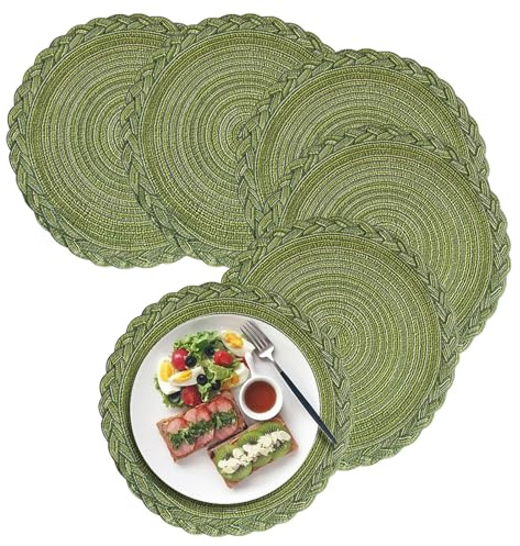 Herfair Platzsets Rund, 6er Set Tischsets Untersetzer Teller, Tischset Baumwolle Gewebte Platzdeckchen Stoff Tischuntersetzer für Küche Weihnachten Decor (Grün,38cm)