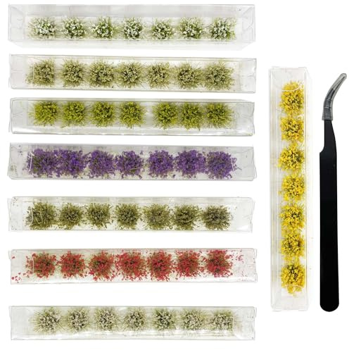 Attuslla 56 PCS Miniature Colorful Flower Cluster, 8 Color Static Grass Tuft Model Grass Tufts Flower Vegetation Groups Static Grass Tufts for DIY Model Train Landscape Railroad Scenery
