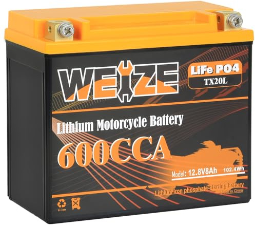 Weize Lithium YTX20L-BS, Group 20, 600A LiFePO4 Motorcycle Battery, 12V 8AH ATV, UTV, Jet Ski, 4 Wheeler, Snowmobile, Personal Watercraft, Seadoo, Polaris, Generator and Riding Lawn Mower Battery