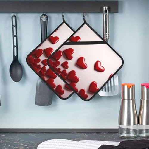 Presine da cucina con cuori rossi resistenti al calore, antiscivolo, con tasche, per cucina, cottura, barbecue, 20,5 x 20,5 cm