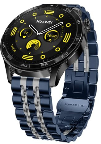 Hinnwer 22mm Strap Compatible with Huawei Watch GT 6 46mm/GT 6 Pro 46mm/5/GT 5 Pro/GT 5/GT4/4 46mm/4 pro 48mm, Solid Stainless Steel Metal Business Band for Huawei Watch Ultimate 2 Blue Silver