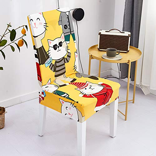 Stuhlhussen Gelbe Rote Katze Stuhlbezug Stretch Abnehmbare Stuhlhussen 4er Set Waschbar Stuhlhussen Schwingstühl für Bankett Deko Hochzeit Party Stuhlhusse(4er Set)