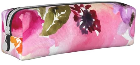YWSOTRE Aquarell Blumen Rosa Fuchsie, Bleistifttasche, Federmäppchen, tragbare Bleistifttasche aus Leder mit Reißverschluss, Kosmetiktasche