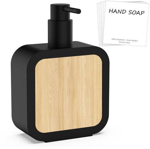 Anhow Distributeur Savon, Rechargeable Distributeur de Savon Carré avec 6 Transparents Etiquettes pour Salle de Bains Cuisine - Nior Mat/ 390ml