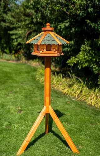 Deko-Shop-Hannusch Vogelhaus wahlweise mit Ständer und Solarbeleuchtung, Verschiedene Größen L - XXL, Futtersilo, wetterfestes Bitumendach (Größe M mit Ständer, grün)