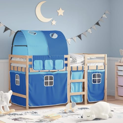 IKAYAA Halbhochbett für Kinder aus Kiefernholz, inklusive Lattenrost, Kinderbett 90 x 200 cm, Hochbett für Kinder, für Jungen und Mädchen, Blau