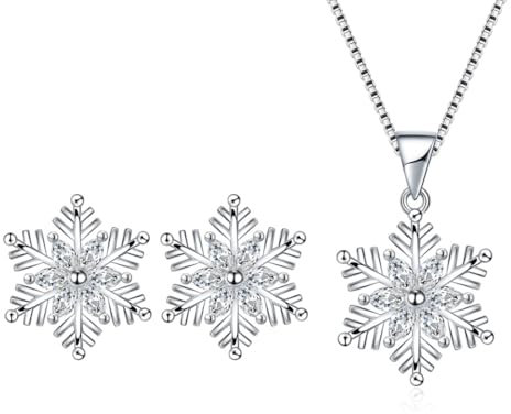 AOWVUTS Weihnachten Schmuck Set Damen 925 Sterling Silber Schneeflocke Anhänger Halskette Ohrringe Set Glanz Kristall Halskette Ohrstecker Schmuck Sets Geschenke für Mädchen und Frauen