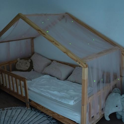 lilimaus Hausbett Himmel mit leuchtenden Sternen - Betthimmel Hausbett Deko | Geschenk Mädchen & Jungen - Himmelbett Vorhänge für 90x200 & 120x200 Kinderbetten - Leuchtsterne Kinderzimmer Deko