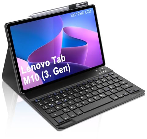 Occtingkind für Lenovo M10 Tastatur Hülle für Tab M10 (3, Gen) 10,1 2023, Abnehmbare Bluetooth Tastatur Schutz ohne Beleuchtung für Lenovo Tablet TB-328FU/TB-328XU 2023, QWERTZ, USB-C, Schwarz