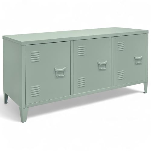osoltus Sideboard Industrie Design 6-türig | TV-Schrank Metall 120 x 40 x 58 cm (LBH) Salbei grün | magnetischer Schließmechanismus - Hänkelgriffe + Kabelauslass + Lüftungsgitter